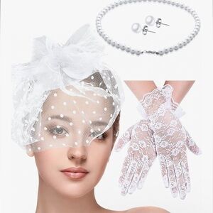 Chic White Lace Veil and Gloves Set